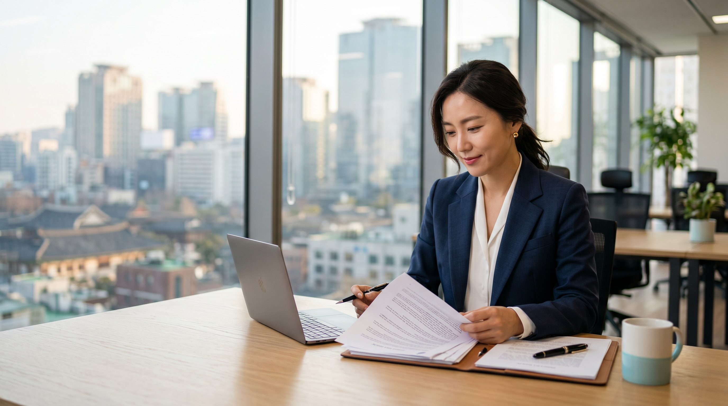 Korean business professional reviewing contracts in a modern Seoul office — Unboxing Korea