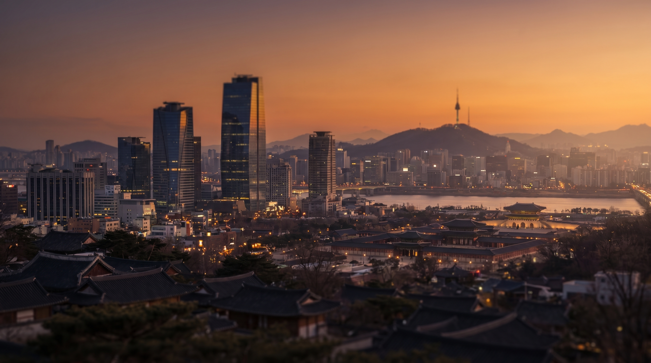 About Seoul skyline at golden hour