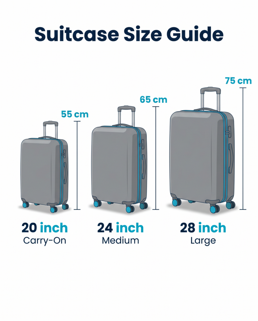 Home Three hard-shell suitcases compared by height: a 20-inch carry-on, a 24-inch medium checked bag, and a 28-inch large checked bag