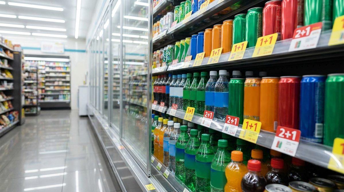 1+1 Korea convenience store deals - drinks fridge aisle with 1+1 and 2+1 promotional shelf tags