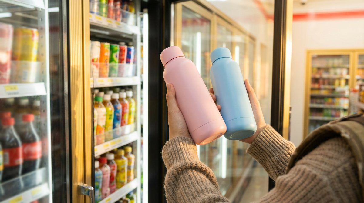 Taking two identical drinks from the fridge for a 1+1 Korea convenience store deal