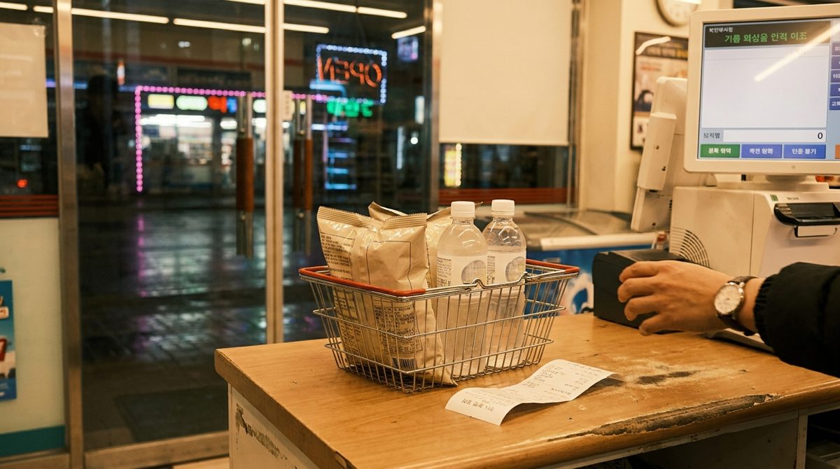 2+1 Korea convenience store checkout basket with paired items and receipt