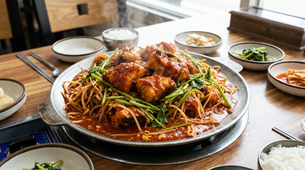 Agujjim - Korean braised spicy monkfish platter with bean sprouts and gochujang sauce