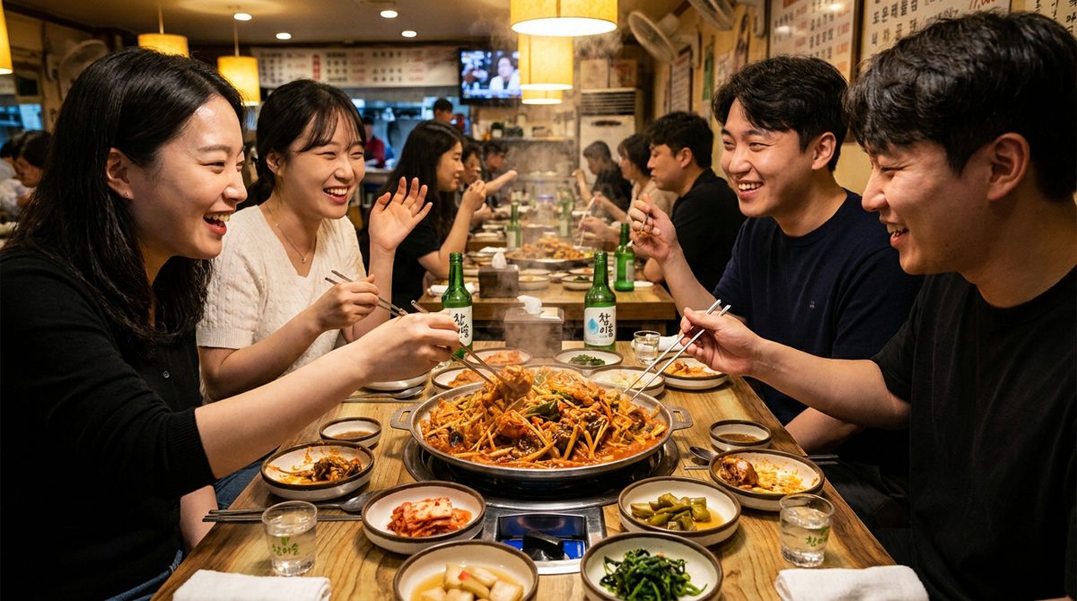 Group sharing agujjim at a Korean seafood restaurant table with soju and banchan