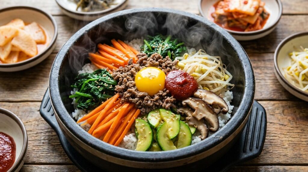 Dolsot bibimbap - Korean mixed rice bowl in a hot stone pot with vegetables, beef and egg yolk