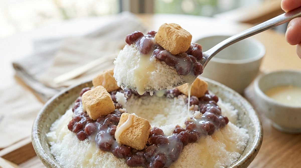 Spoon lifting shaved ice, red beans and rice cake from a bowl of Korean bingsu dessert