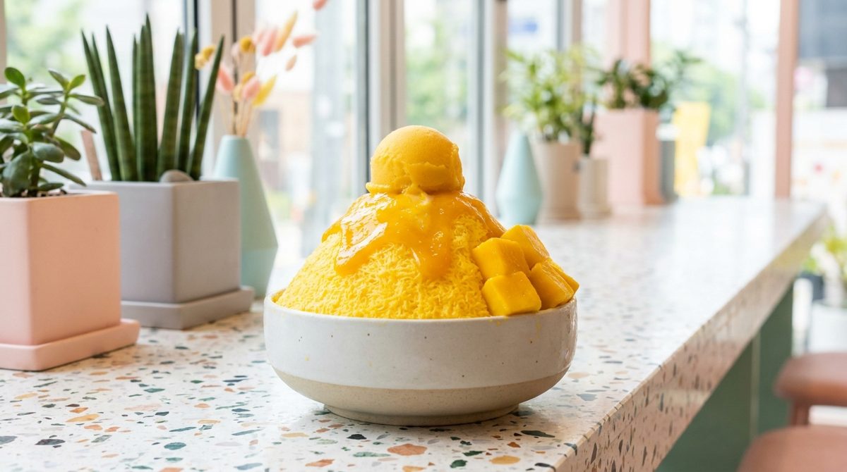 Trendy mango bingsu shaved ice dessert at a Seoul dessert cafe