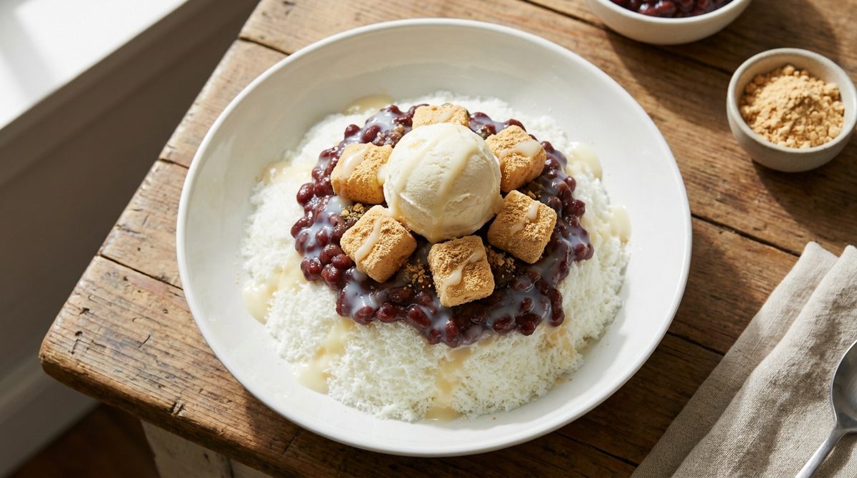 Patbingsu - classic Korean red bean shaved ice dessert bingsu piled high in a bowl