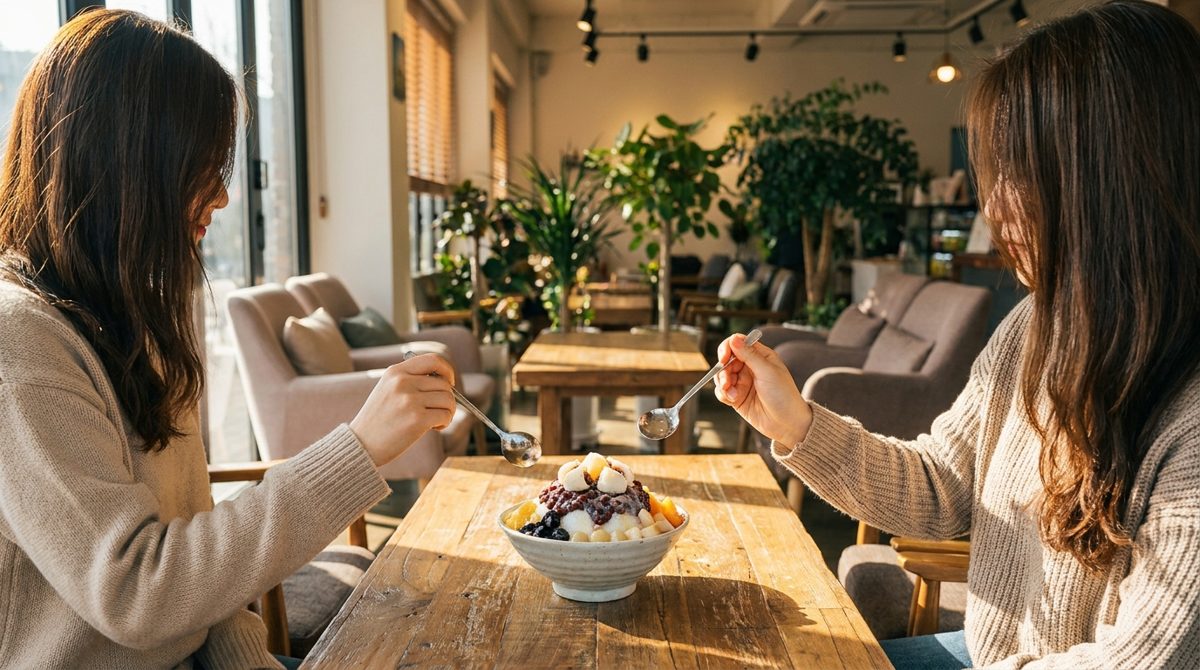 Two people sharing a bowl of Korean patbingsu bingsu at a cafe table with two spoons