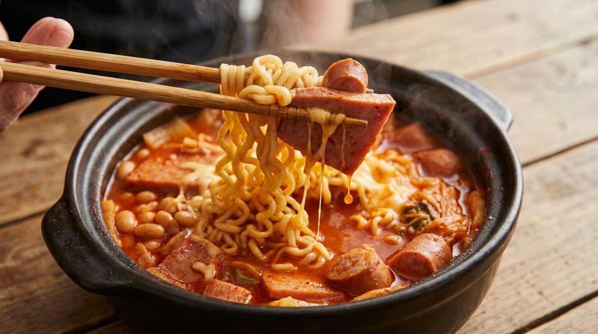 Close-up of ramen noodles, spam and sausage lifted from bubbling budae jjigae