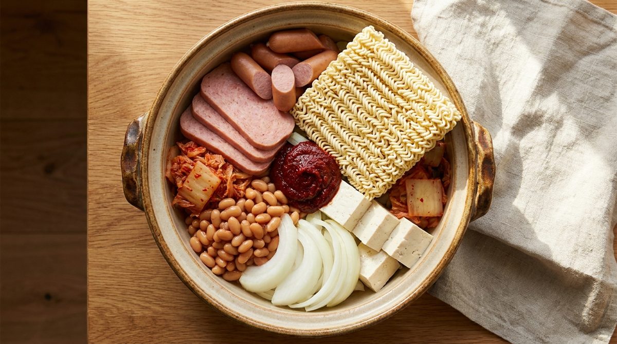 Budae jjigae ingredients: spam, sausage, ramen, kimchi, tofu and baked beans in a pot