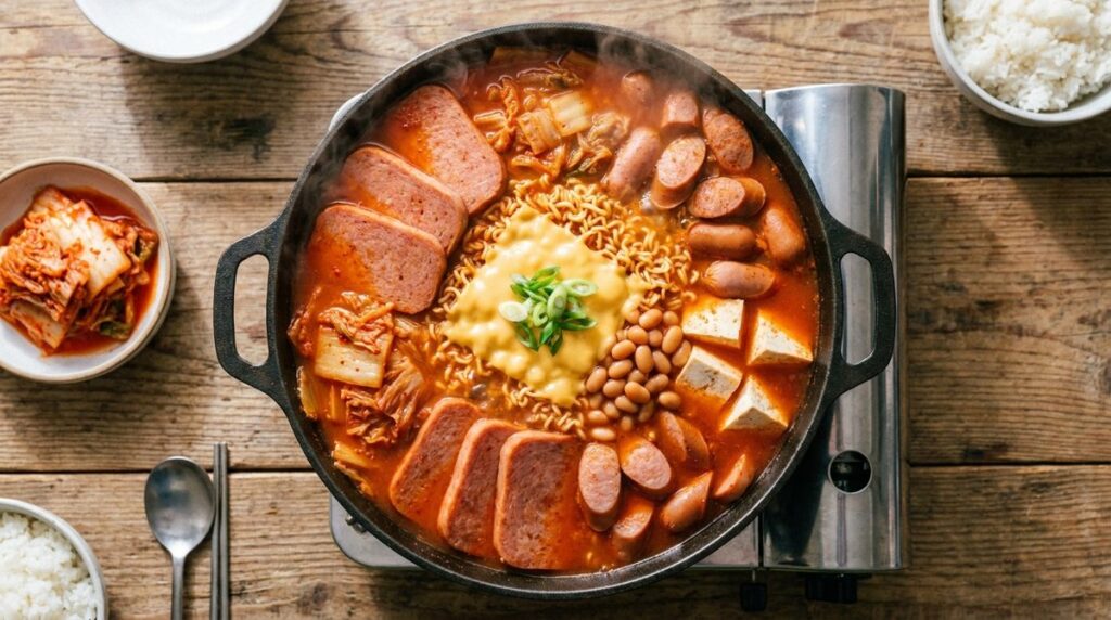 Budae jjigae - Korean army base stew with spam, sausage, ramen noodles and cheese