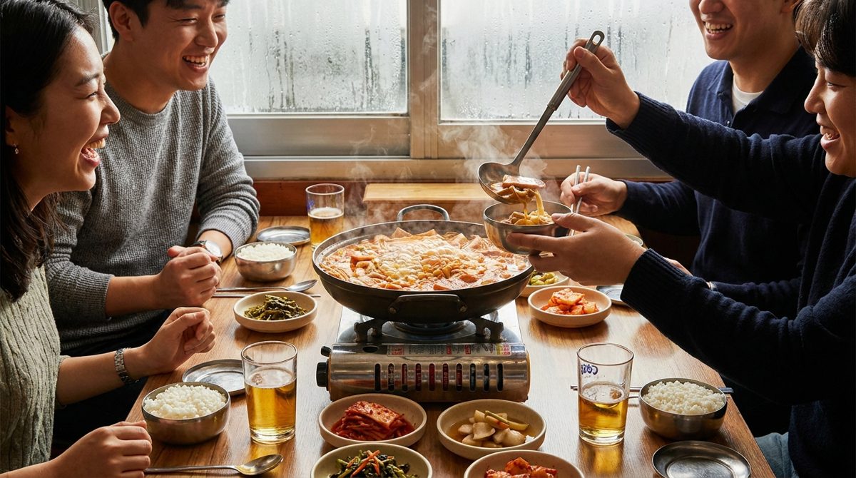 Friends sharing a pot of budae jjigae army stew at a Korean restaurant