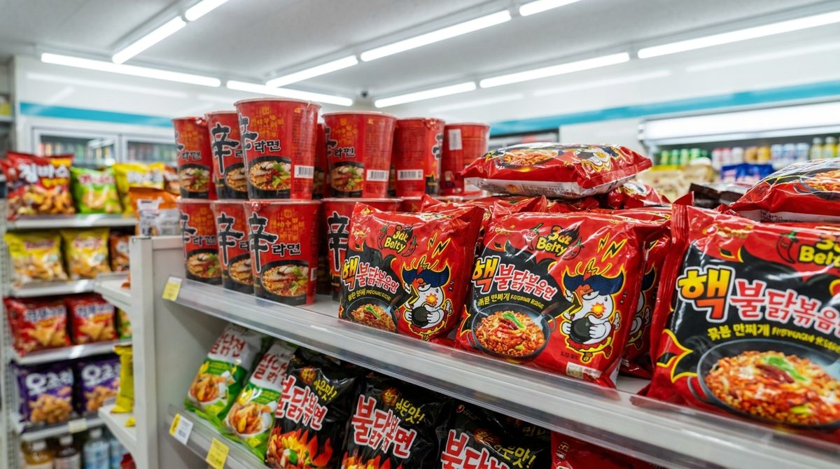 Korean convenience store shelf stocked with buldak fire noodle instant ramen packs and cups