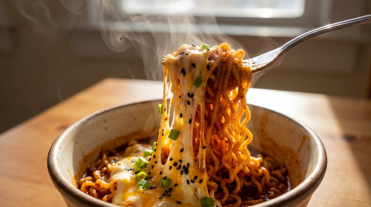 Close-up of cheesy buldak fire noodles with cheese pull and steam, extremely spicy Korean instant ramen