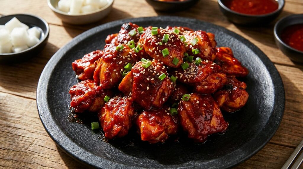 Buldak Korean fire chicken glazed in bright red spicy sauce