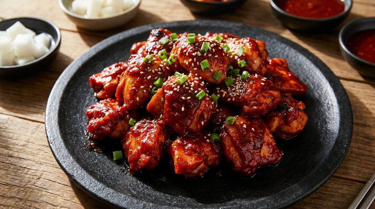 Buldak Korean fire chicken glazed in bright red spicy sauce, overhead editorial food photo