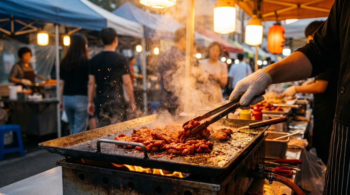 Buldak chicken grilling on a sizzling hot skillet at a Korean restaurant, spicy chili glaze