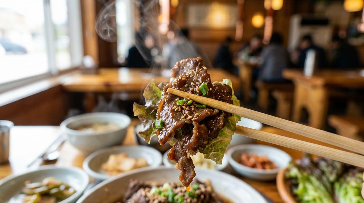 Close-up of tender bulgogi beef slices lifted with chopsticks