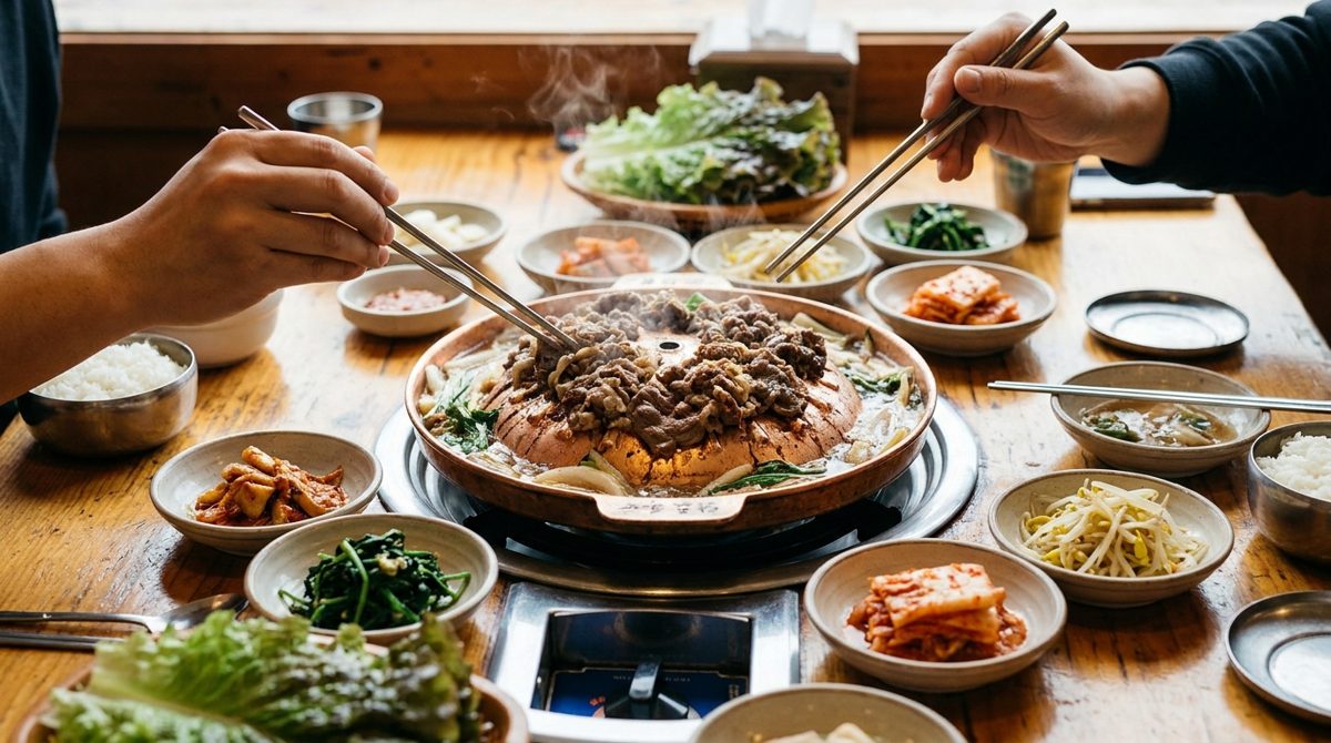 Bulgogi cooking on a tabletop pan with banchan side dishes at a Korean restaurant