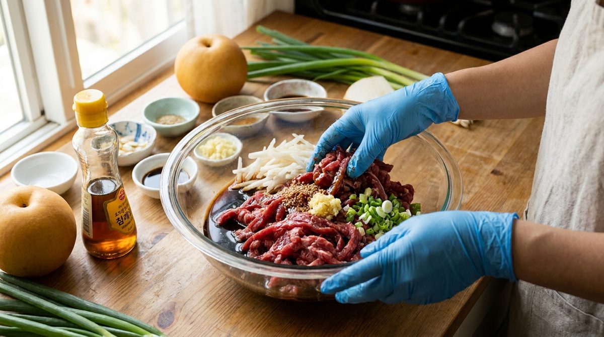 Bulgogi marinade with soy sauce, Korean pear, garlic and sesame oil