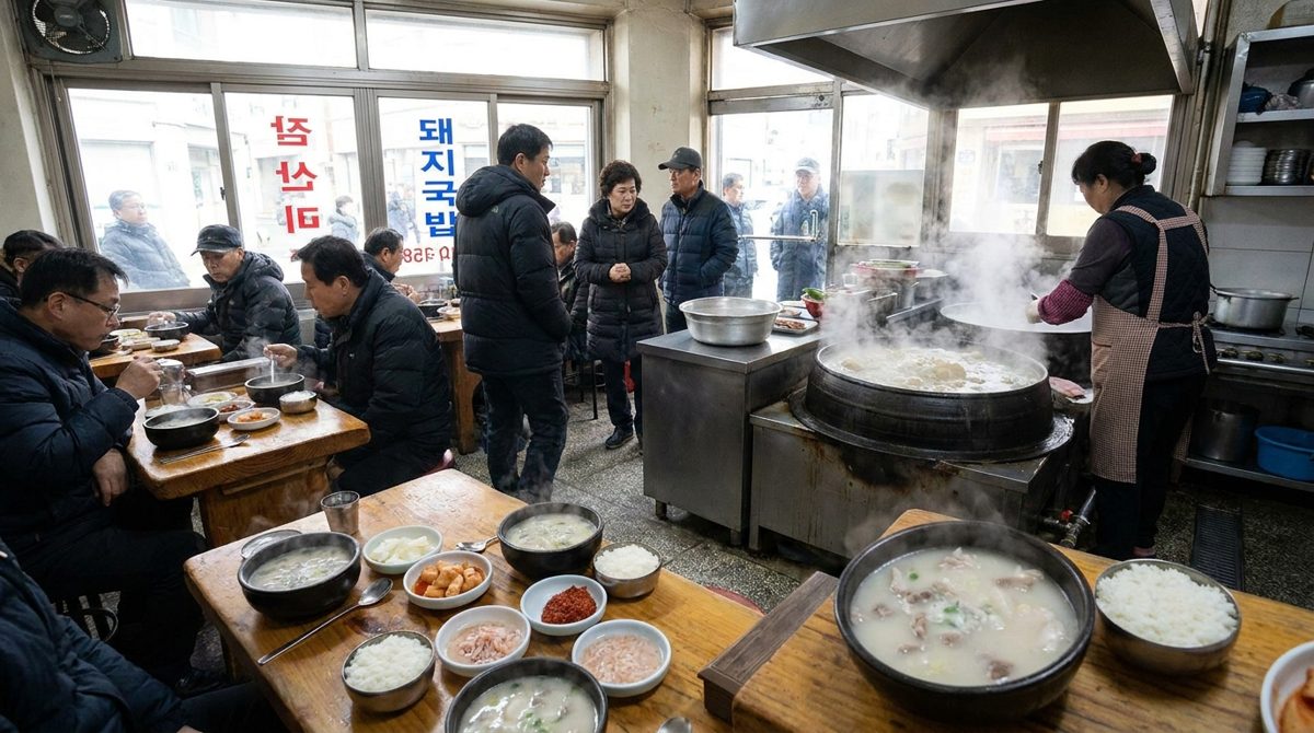 Busan dwaeji gukbap restaurant with steaming bowls of milky pork soup