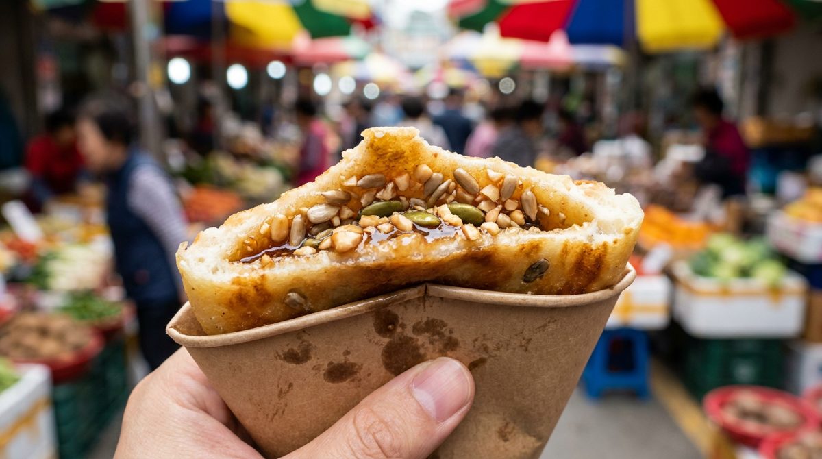 Busan ssiat hotteok - seed hotteok stuffed with sunflower seeds, pumpkin seeds and peanuts