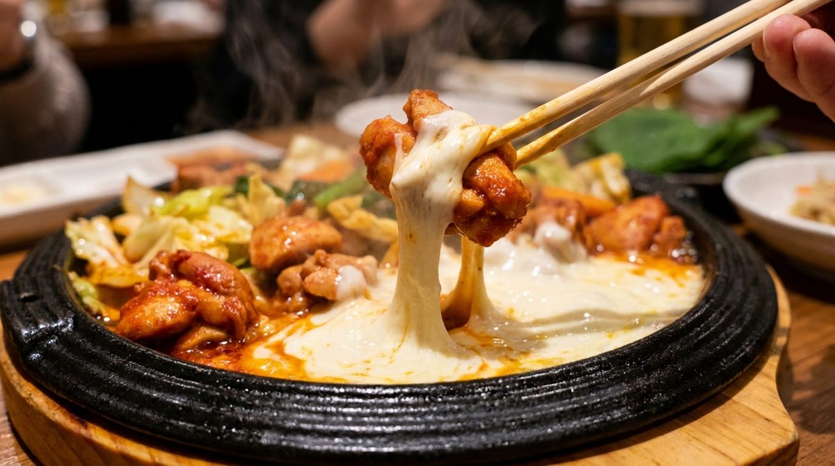 Cheese dakgalbi with spicy chicken pulled through melted mozzarella fondue on a hot plate