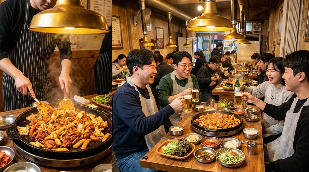Chuncheon dakgalbi restaurant with staff stirring spicy chicken on a large hot plate