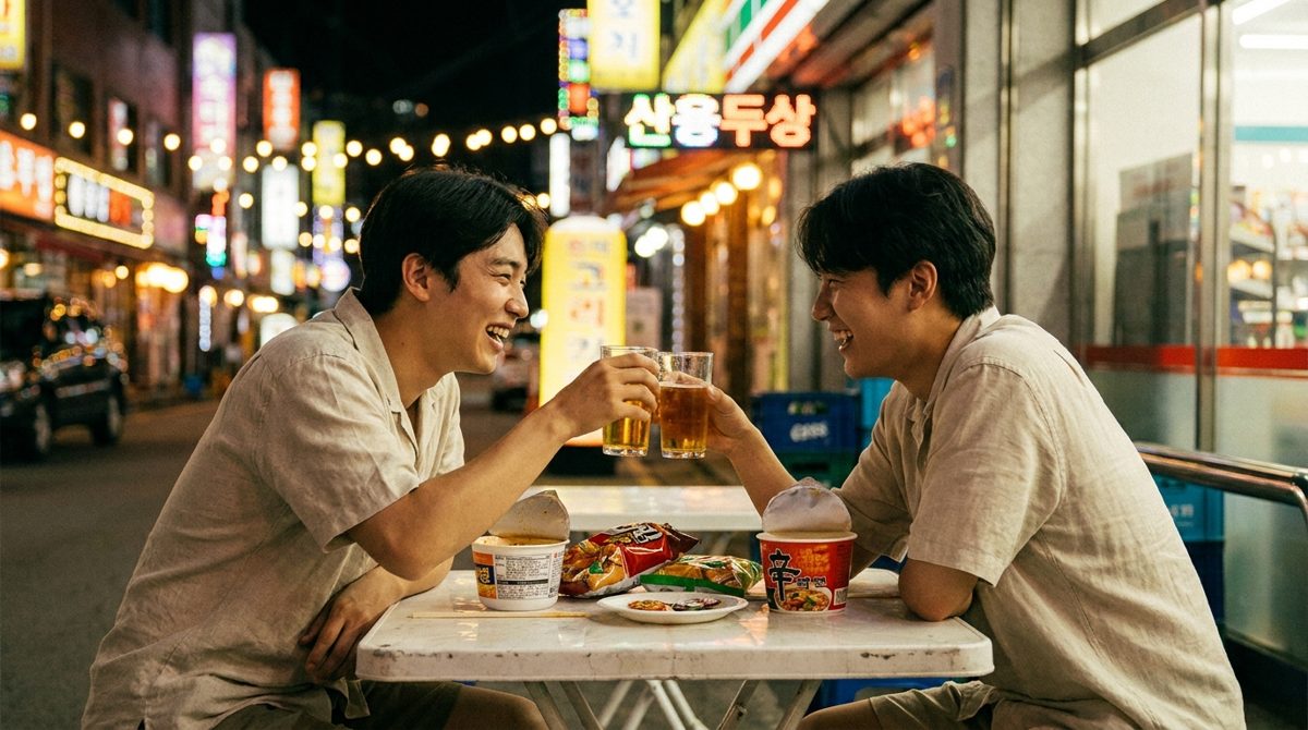 Friends toasting with convenience store alcohol in korea at the outdoor table