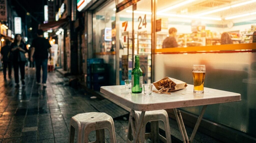 Convenience store alcohol korea - soju and beer on the outdoor plastic table at night
