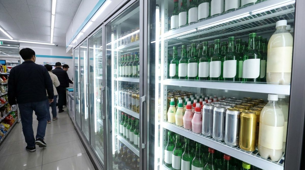 Convenience store alcohol korea fridge - soju bottles, beer cans and makgeolli