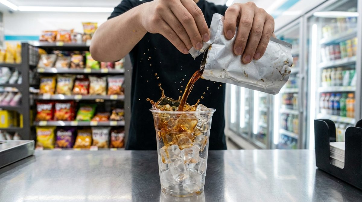 Convenience store coffee hack - pouring a coffee pouch over a frozen ice cup in Korea