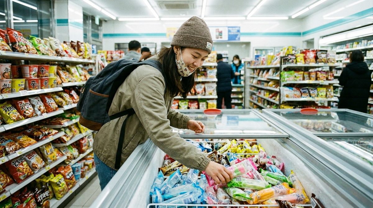Convenience store desserts freezer in Korea full of ice cream bars
