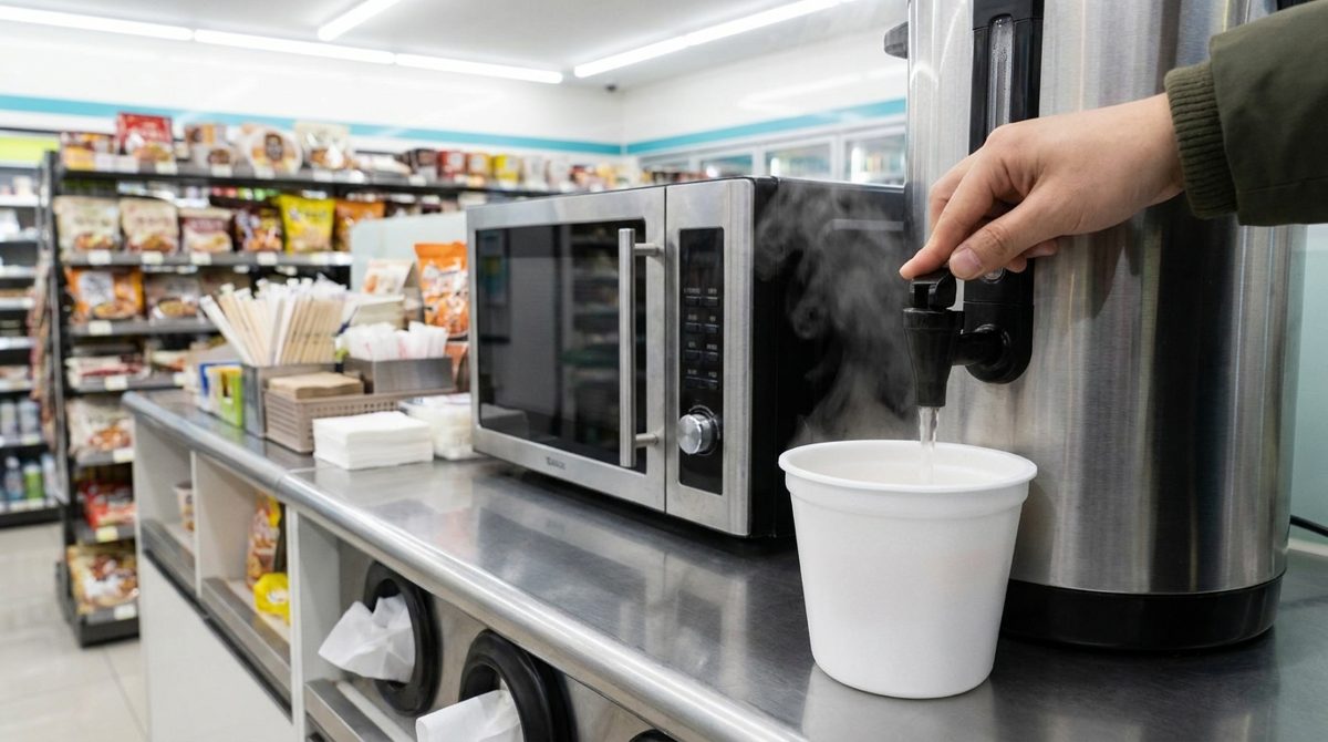 Hot water station used to build convenience store food combos in Korea