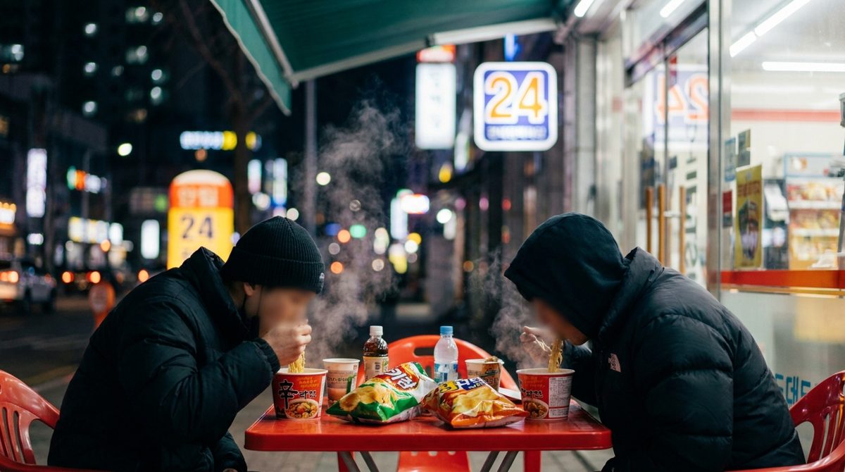 Enjoying a Korean convenience store food combo at the outdoor table at night