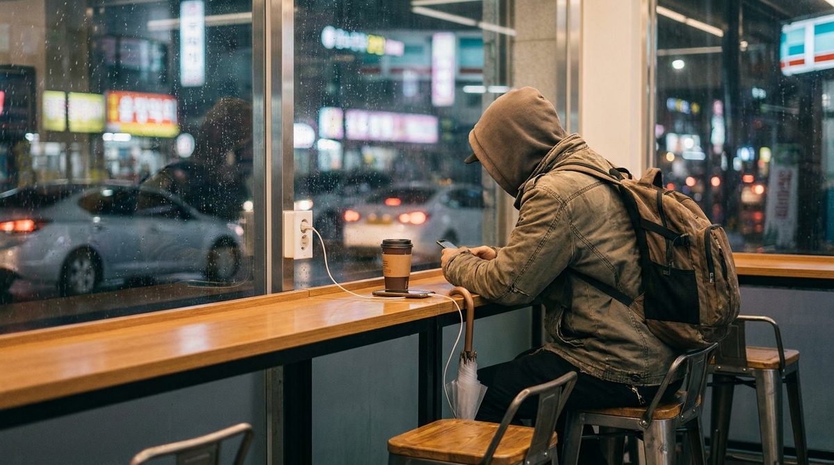 Phone charging and umbrella at a Korean convenience store eating counter at night