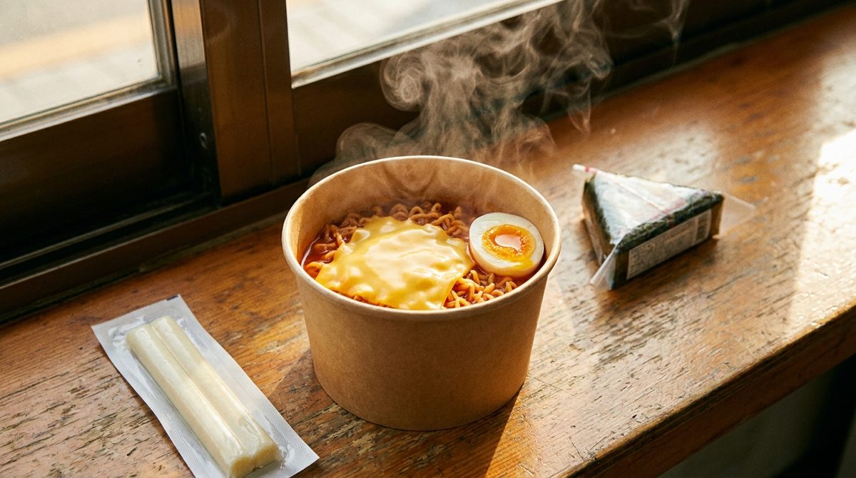 Convenience store ramyeon upgraded with cheese slice and egg at the counter