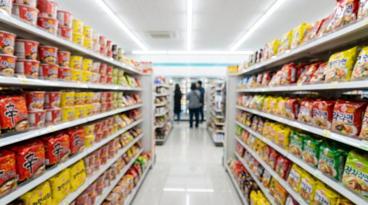 Convenience store ramyeon aisle in Korea with shelves of cup noodles