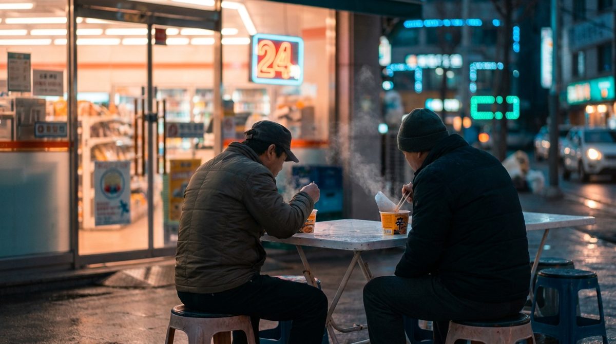 Eating convenience store ramyeon at the outdoor table of a Korean store at night