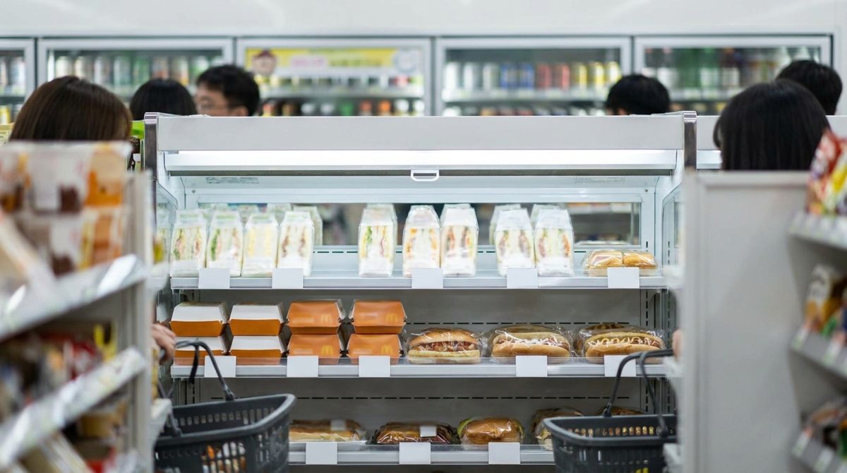 Refrigerated shelf of Korean convenience store sandwiches and burgers near the register