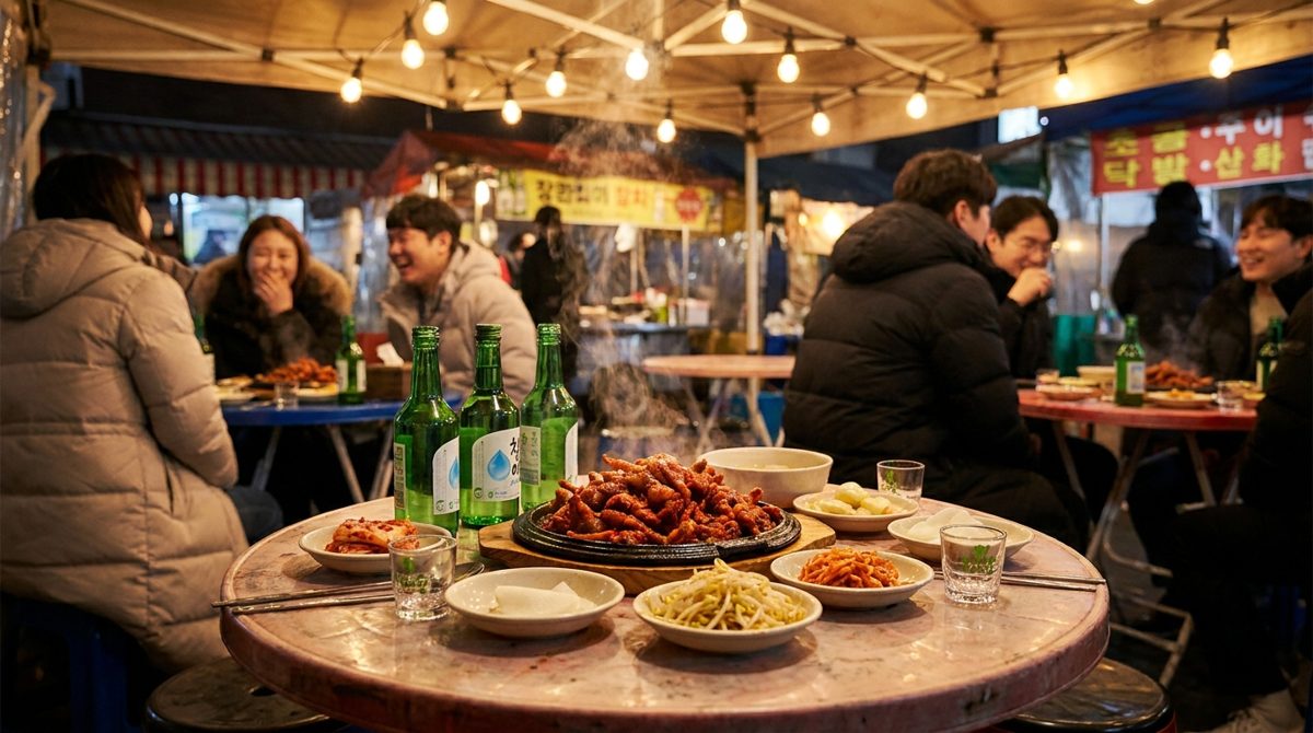 Korean pojangmacha bar table with spicy dakbal chicken feet and soju bottles at night