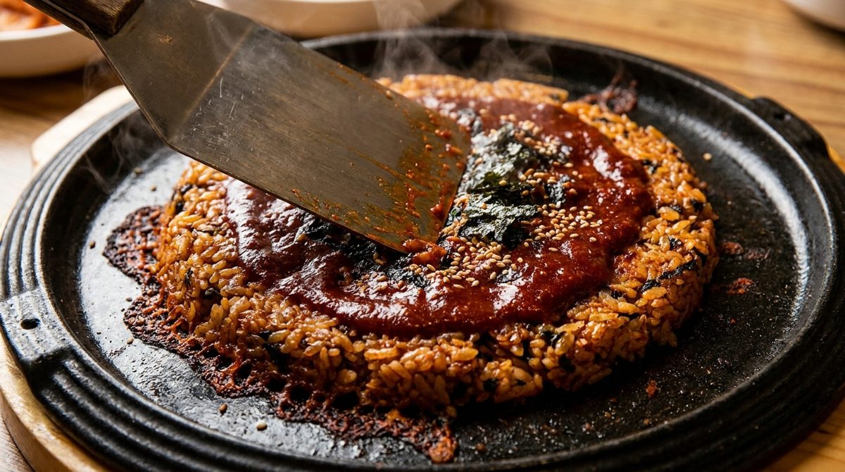 Dakgalbi bokkeumbap fried rice being pressed onto the hot plate in leftover spicy sauce