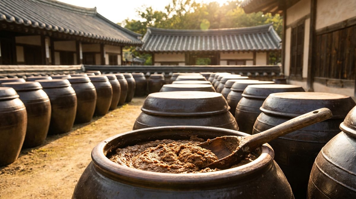 Traditional onggi jars used for fermenting doenjang soybean paste in Korea