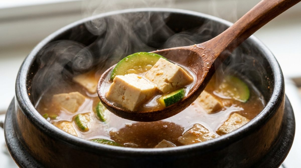 Close-up spoonful of doenjang jjigae with silky tofu and savory soybean broth