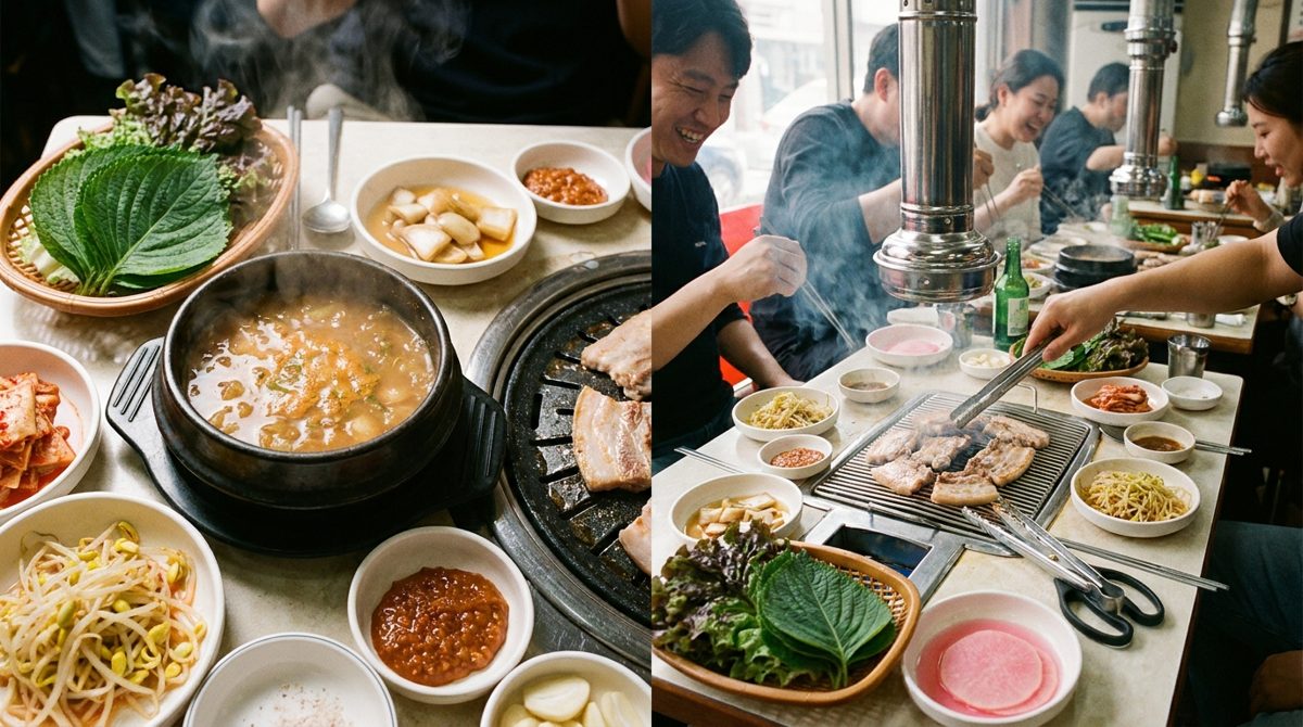 Doenjang jjigae served alongside samgyeopsal at a Korean BBQ restaurant table