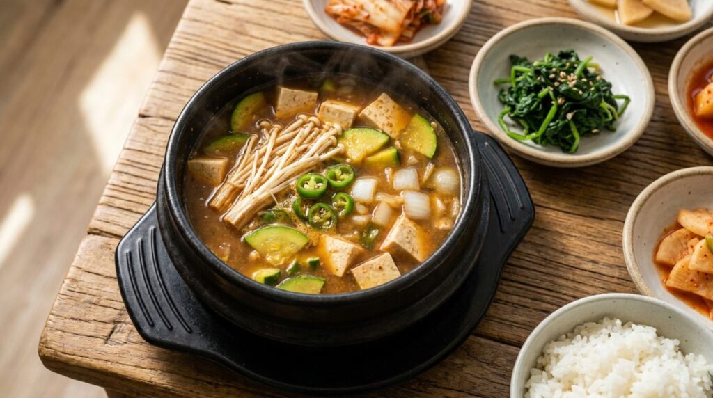 Doenjang jjigae - Korean fermented soybean paste stew with tofu and vegetables in a stone pot