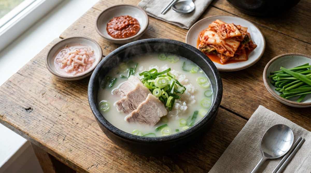 Dwaeji gukbap - Busan Korean pork soup with rice, milky pork bone broth with boiled pork slices