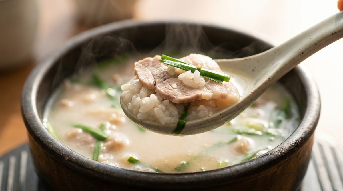 Spoonful of dwaeji gukbap Korean pork soup with rice and chives
