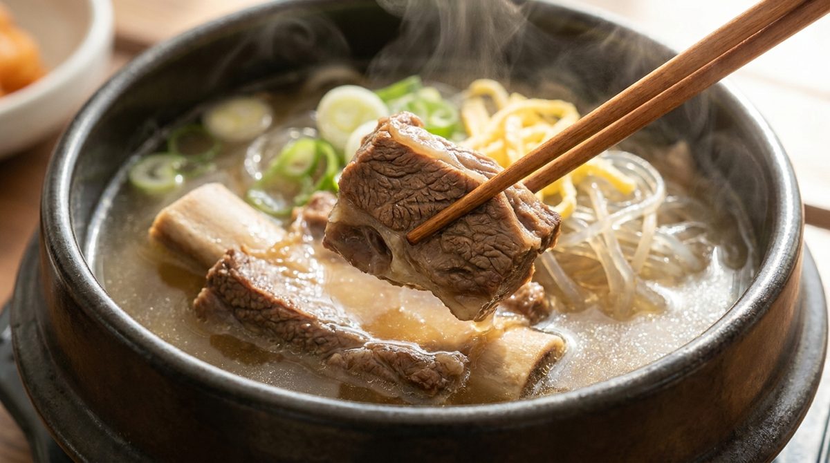 Eating galbitang - pulling tender short rib meat off the bone with chopsticks
